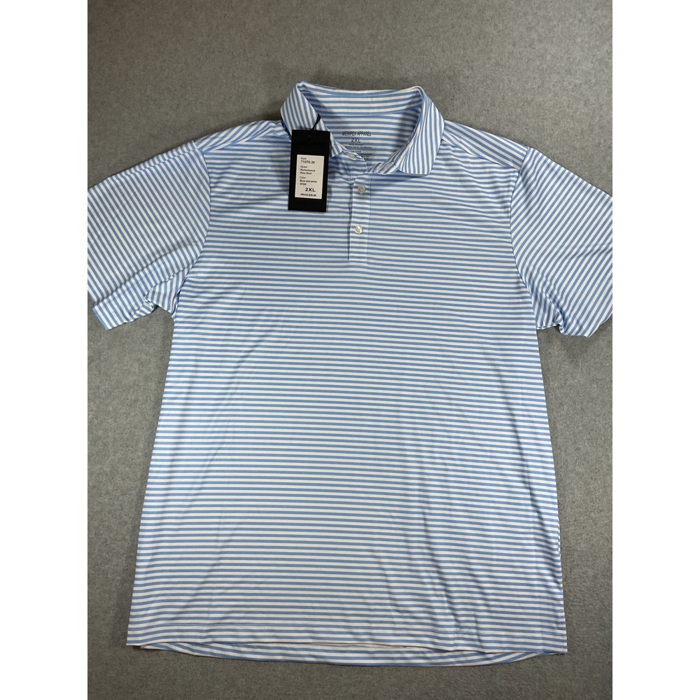 Meripex Apparel Mens Performance Polo Shirt 2XL Blue White Striped NWT 1629